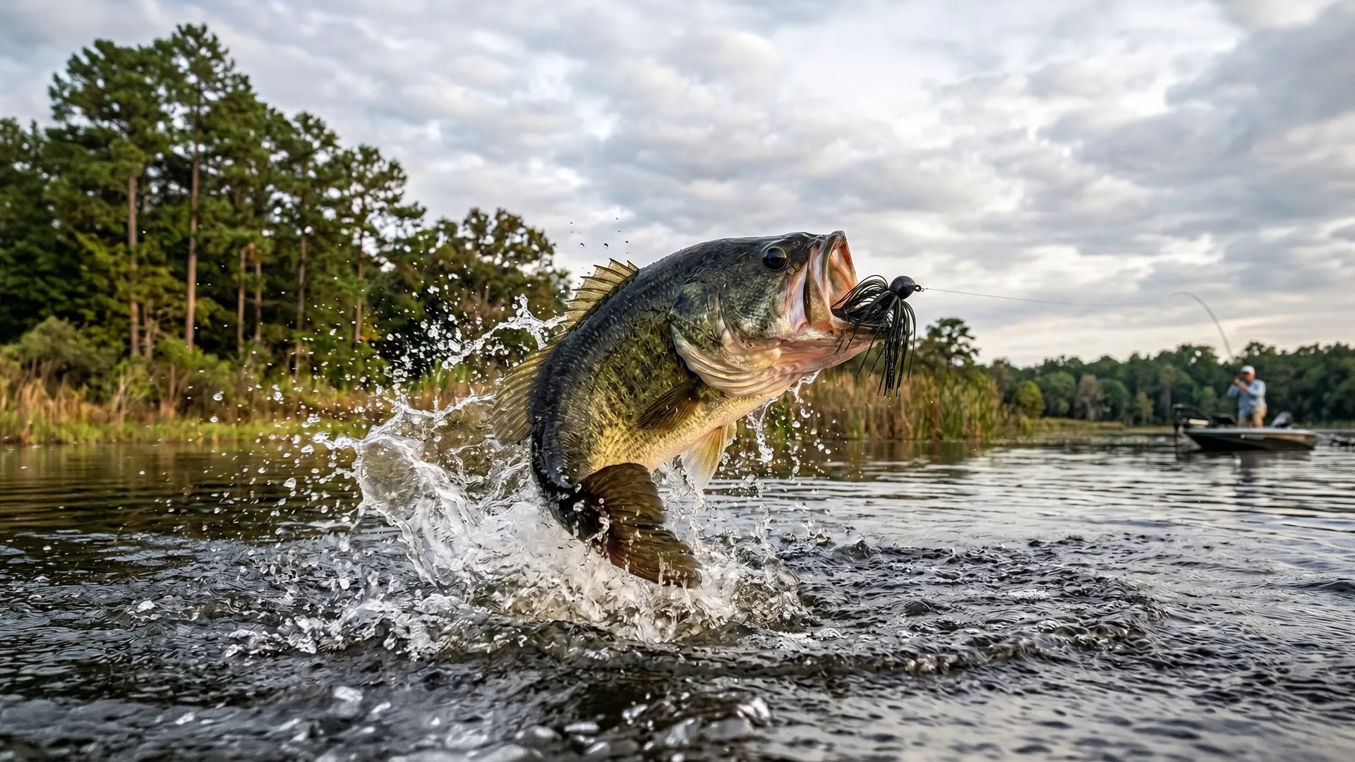 Largemouth bass breaking the surface on a jig